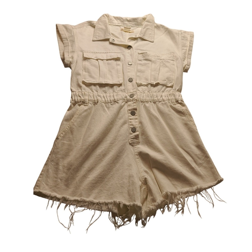 BLANKNYC White Denim Romper Button Front Frayed Hem Utility Shorts Jumpsuit L